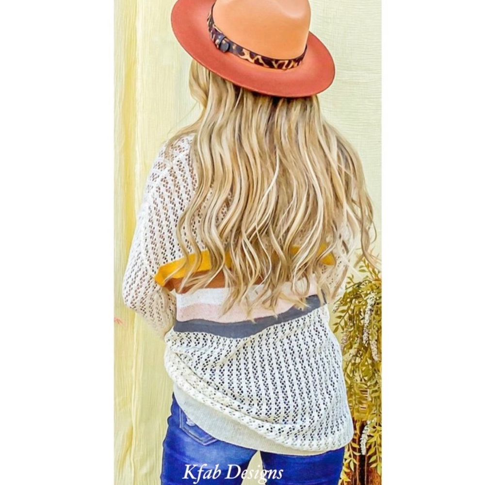 New! Clearance Colorblock Eyelet Hole Striped Lightweight Long Sleeve Sweater - Picture 8 of 9